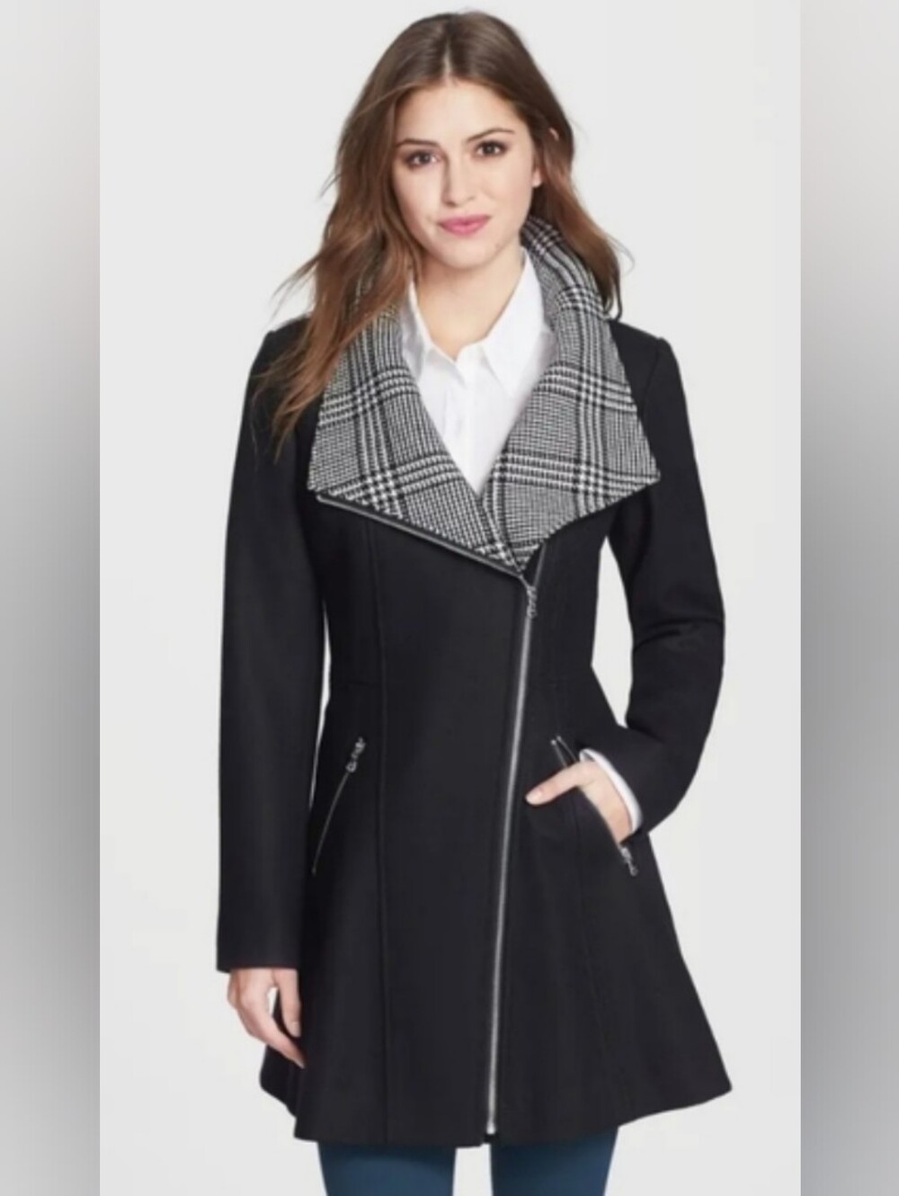 Guess Glen Plaid Houndstooth Detail Skirt Wool Blend Coat Size Large